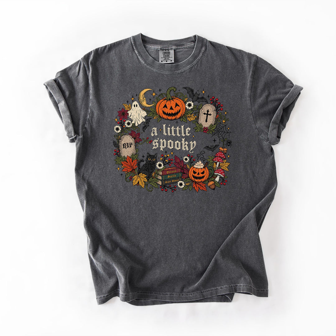 A dark gray crewneck t-shirt with a distressed wash, featuring a circular Halloween graphic on the front with pumpkins, ghosts, tombstones, and the text 'a little spooky'.