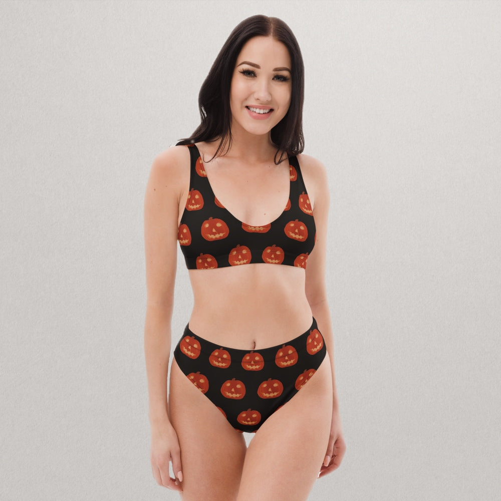 Halloween Jack-O-Lantern High-Waisted Bikini Recycled Material Swimsuit