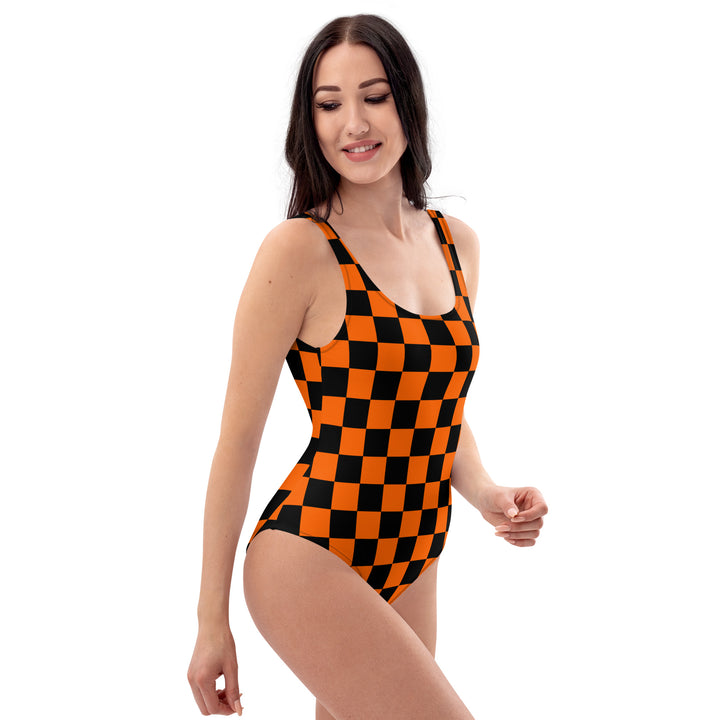 Orange Checkered One-Piece Swimsuit